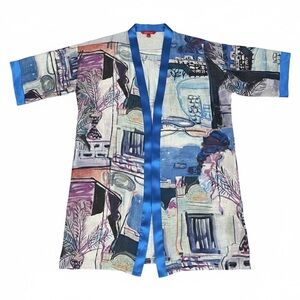 NWOT Pocketed Art To Wear Colorful Open Front Kimono, Linen Silk Blend OS
